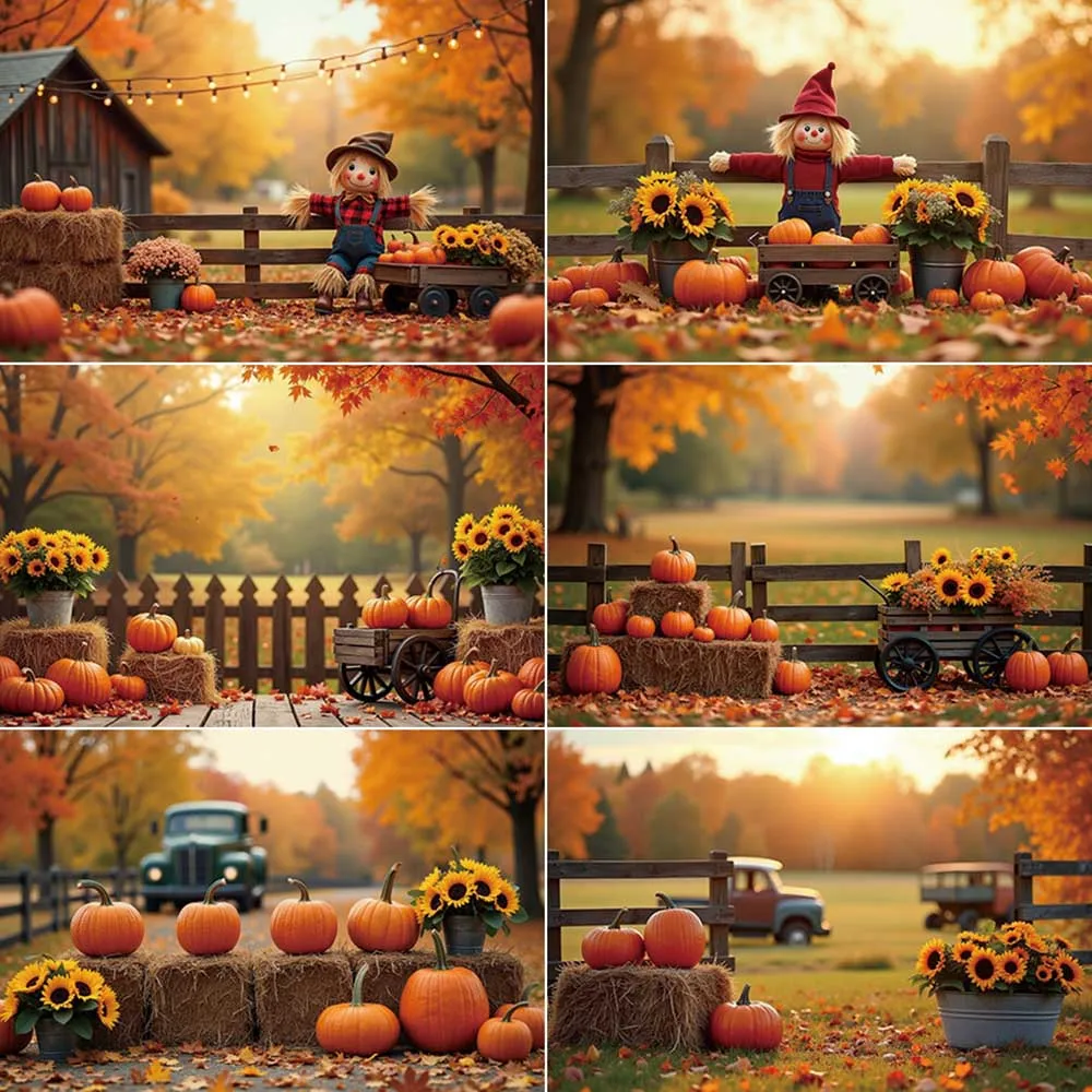 

MOON.QG Autumn Harvest Background Photography Tractor Sunflower Scarecrow Photozone Backdrop Child Studio Photobooth Accessories