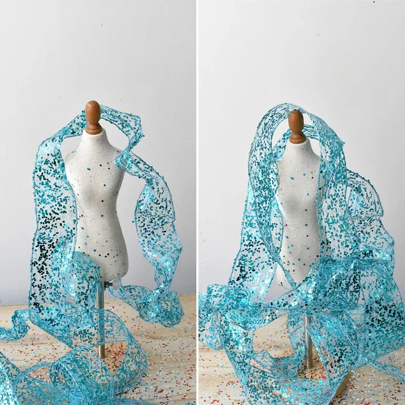 Sky Blue Sequins Random Mesh Lace Steel Wire Lace Accessories Starry Sky Butterfly Wedding Decoration Clothing Fabric