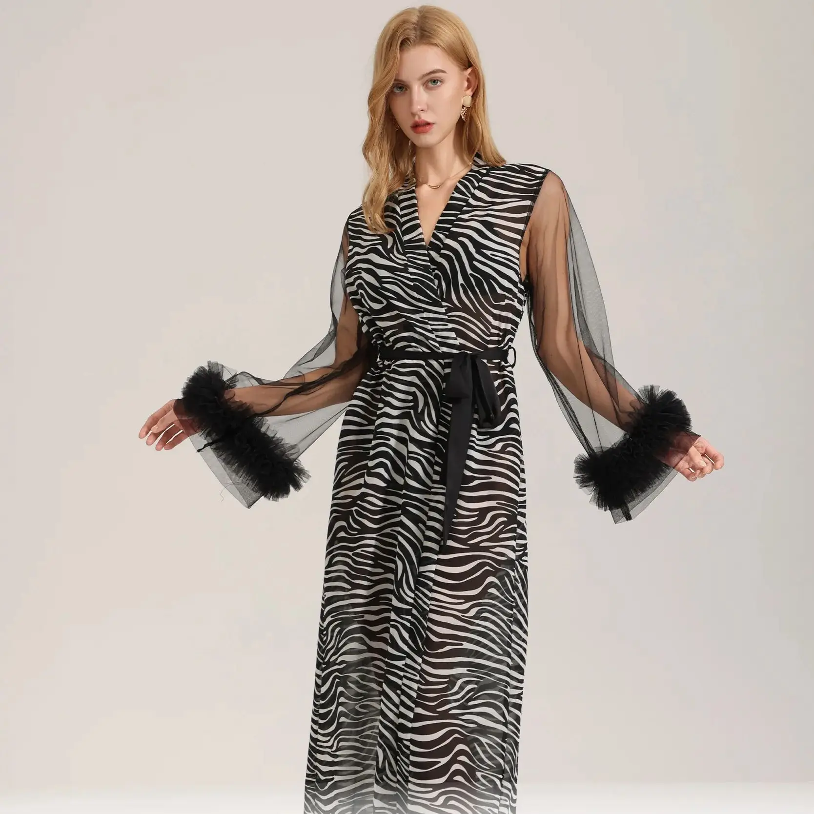 Summer Women Nightgown Gown Robe Long Sleeved Striped Print Pearl Chiffon Cardigan Gown Morning Gown Pajamas Home Clothes