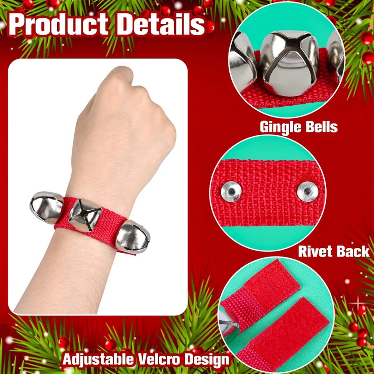 

N38R_12Pcs Wrist Band Bells Rhythm Instrument for Kids Xmas Party Favors (A)