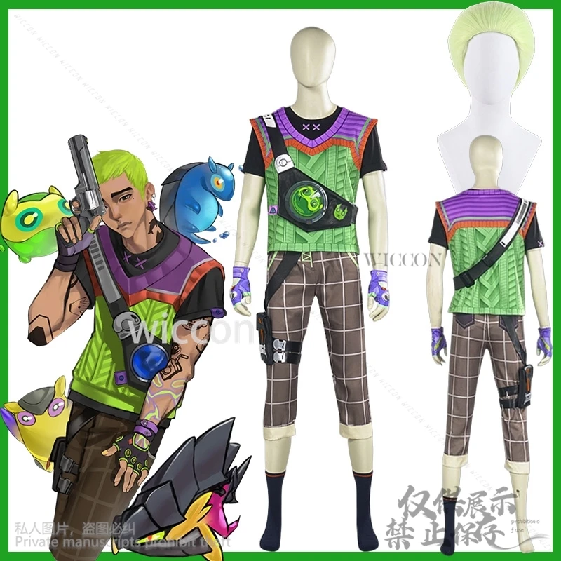 

Anime Gekko Cosplay Men Costume Game Valorant T Shirt Pant Belt Green Wigs For Sexy Cool Man Roleplay Halloween Party Customized