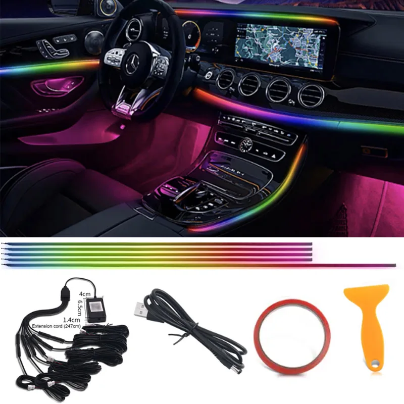 

5/6 in 1 Car Atmosphere Lamp USB Symphony Streamer RGB 213 Color Rainbow Interior Acrylic Strip Fiber Optic App Decoration Light