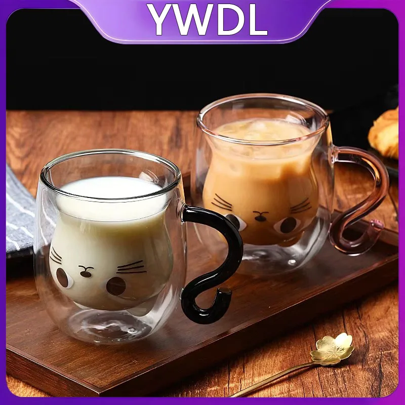 YWDL 250ml Niedliche Cartoon-Katzen-Doppelwand-Glas-Kaffeetasse Hitzebeständige Espressotasse mit Henkel für Latte und Cappuccino