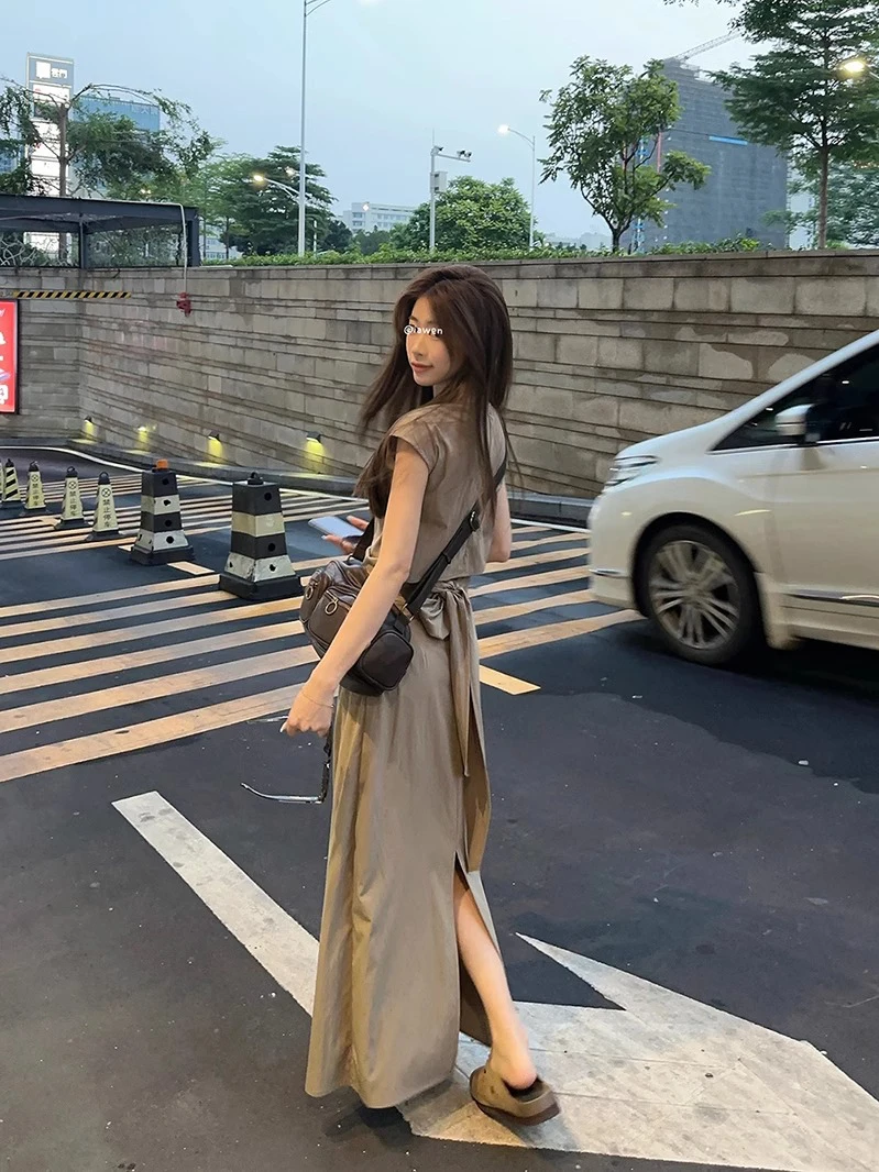 Retro Minimalist Beautiful Set Dress Women's Summer High Waist Short Sleeve Top Slimming Half Skirt Two-Piece Set Casual A-Li...