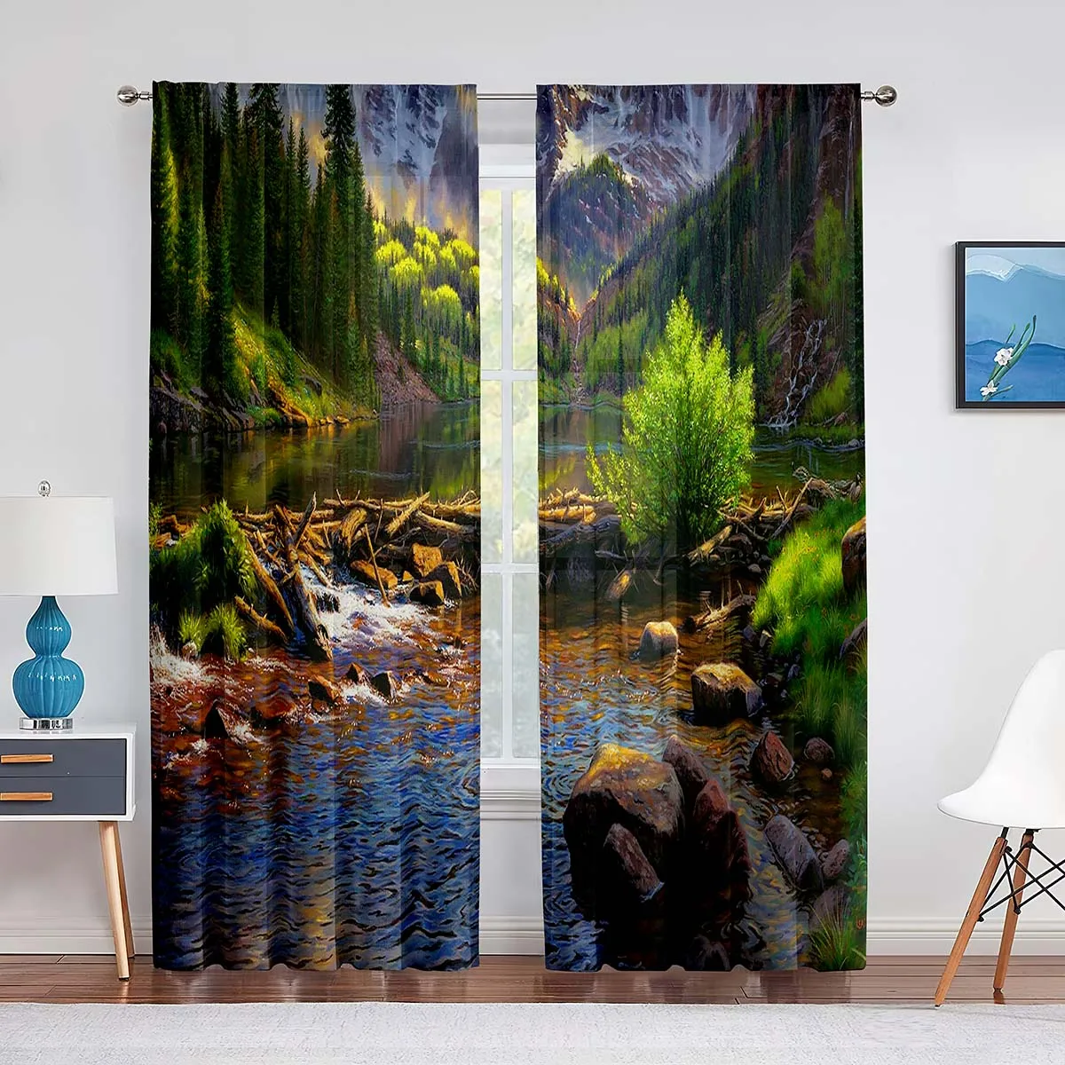 Mountain Forest River Painting Art Tulle Curtains for Living Room Bedroom Decor Transparent Chiffon Sheer Voile Window Curtain