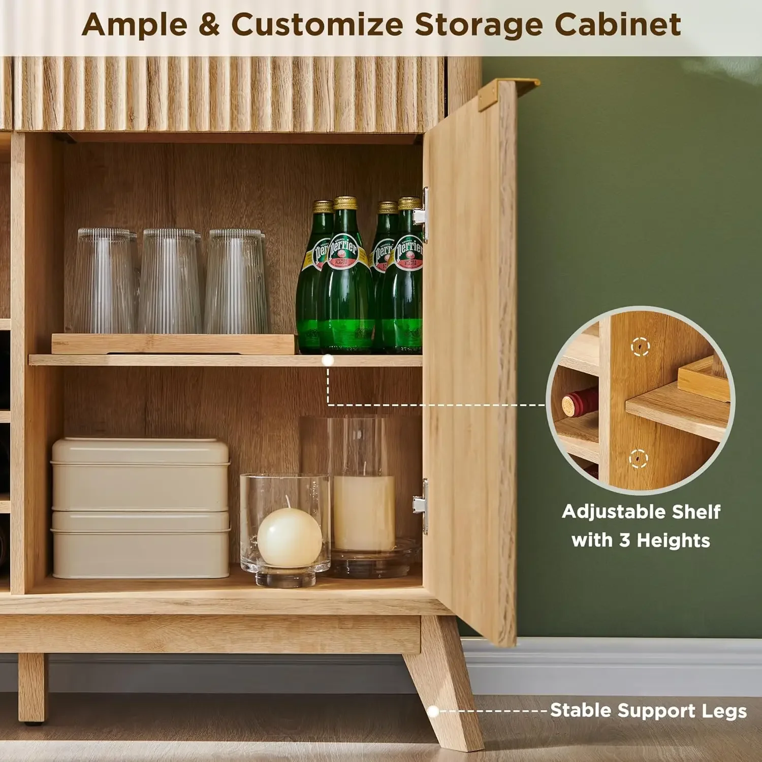 [سعر مخفض! ] خزانة بوفيه مخددة مقاس 60 بوصة مع مساحة تخزين - 3 أدراج وبابين، خزانة بار النبيذ والقهوة الحديثة مع النبيذ أ