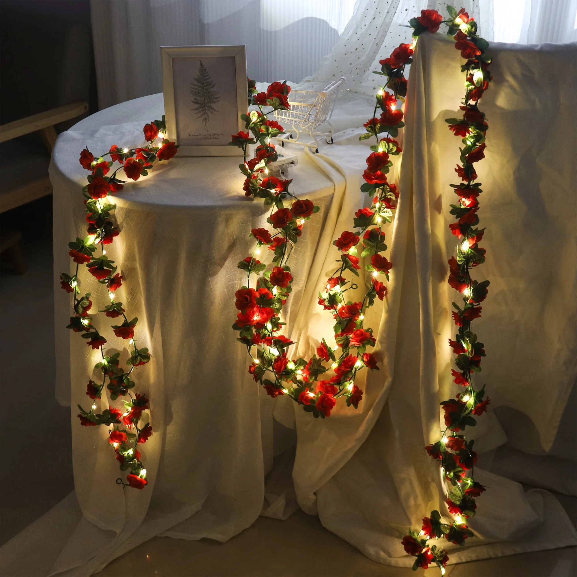 Rose LED Lights String Artificial Flowers Ivy Leaves Wedding Garland Home Room Decoration Arch Hanging Wall Garden Party Decor - view 5