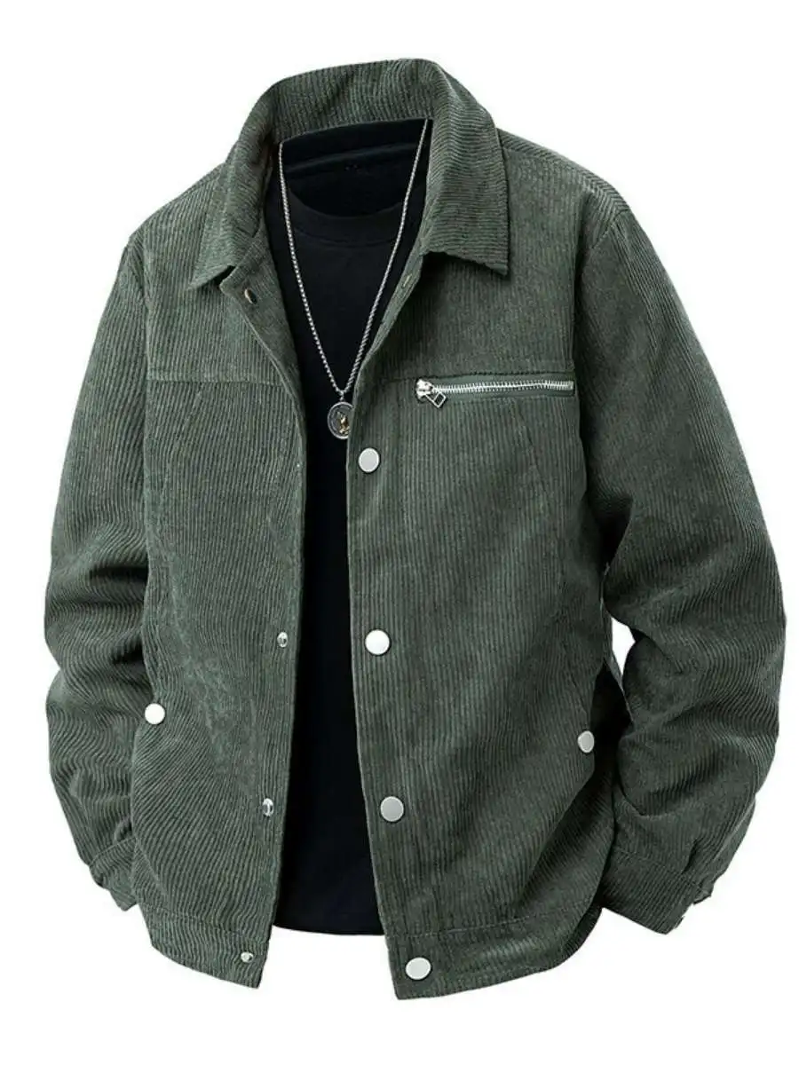 

Men's Casual Corduroy Jaet Spring New Sle Single Button Collar Coat Trendy Youth Zipper Decoration Waed Proced Outer...