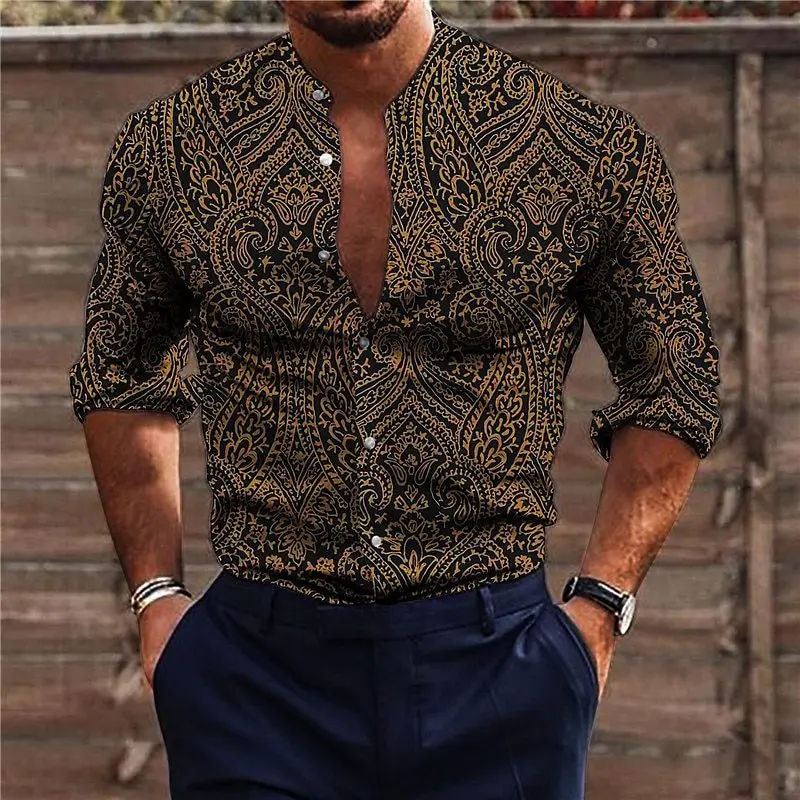 Estilo retro americano Stand Up Collar camisa, Single Breasted, Design Vintage, modelado camisa de manga comprida, MB12