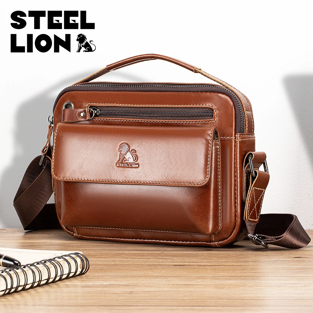 STEEL LION Top Layer Cowhide Men's Single Shoulder Diagonal Cross Bag Casual Sports Horizontal Mobile Phone Bag Genuine Leather