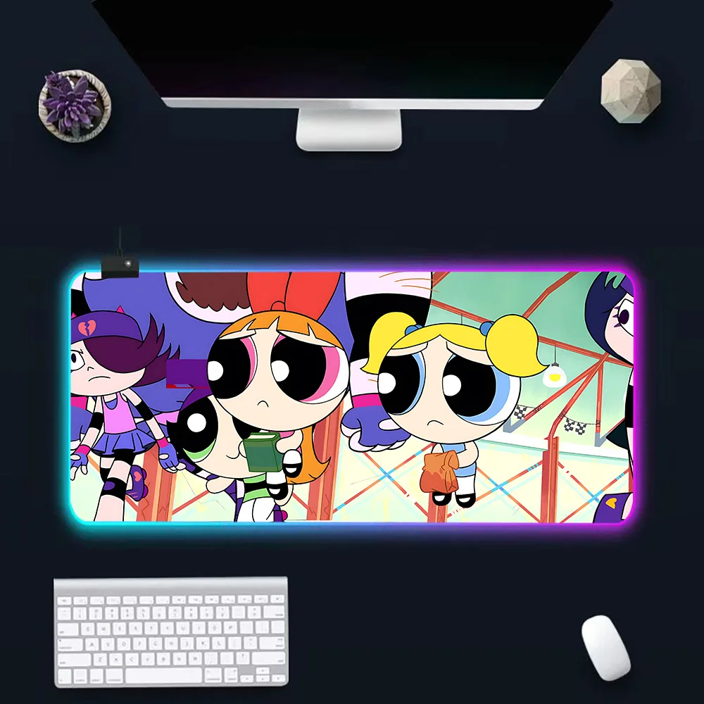 Cute Powerpuffs-Girls RGB Pc Gamer Keyboard Mouse Pad Mousepad LED Glowing Mouse Mats Rubber Gaming Computer Mausepad