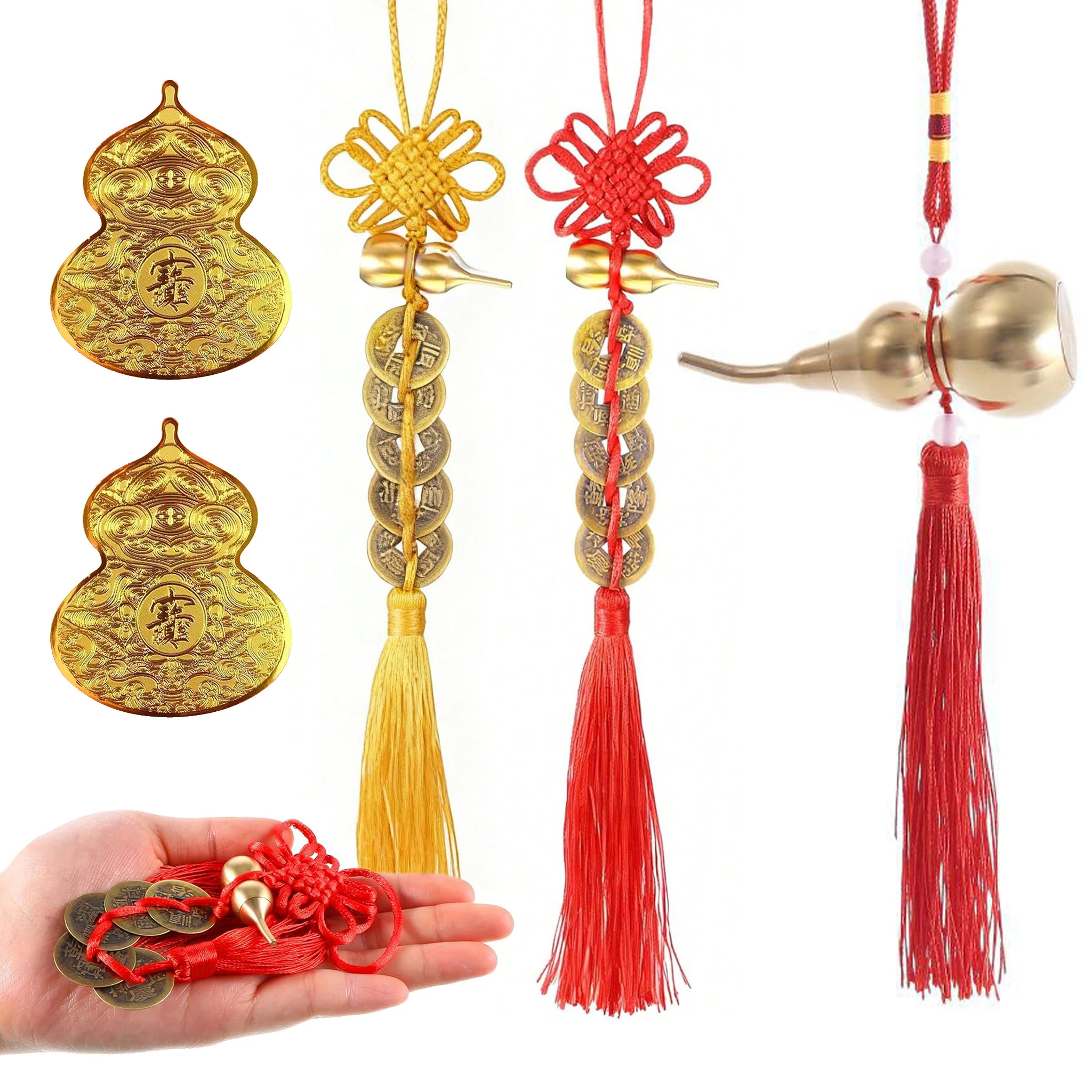 1pc Feng Shui Home Decor Kit Chinese Gourd Wu Lou Hanging Ornaments with Chinese Knot & Coins for Luck Wealth & Good Fortune