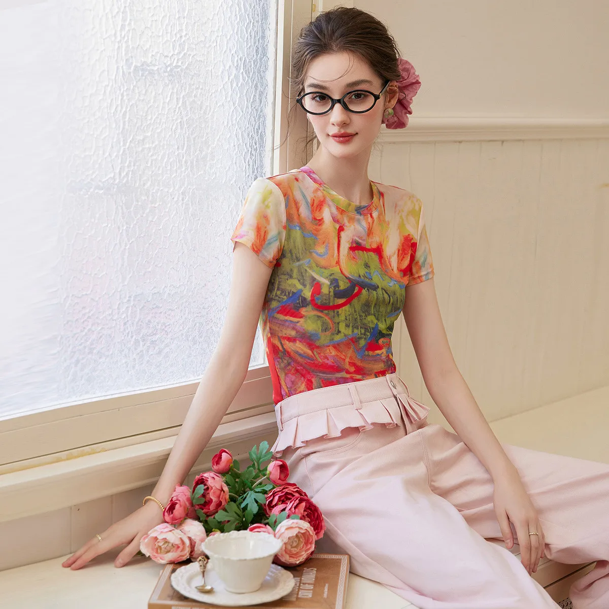 LOUIS YAO All-Over Print Slim Fit Short Sleeve T-Shirt 2026 Spring/Summer Retro Round Neck Slightly Stretchy Women's Tee