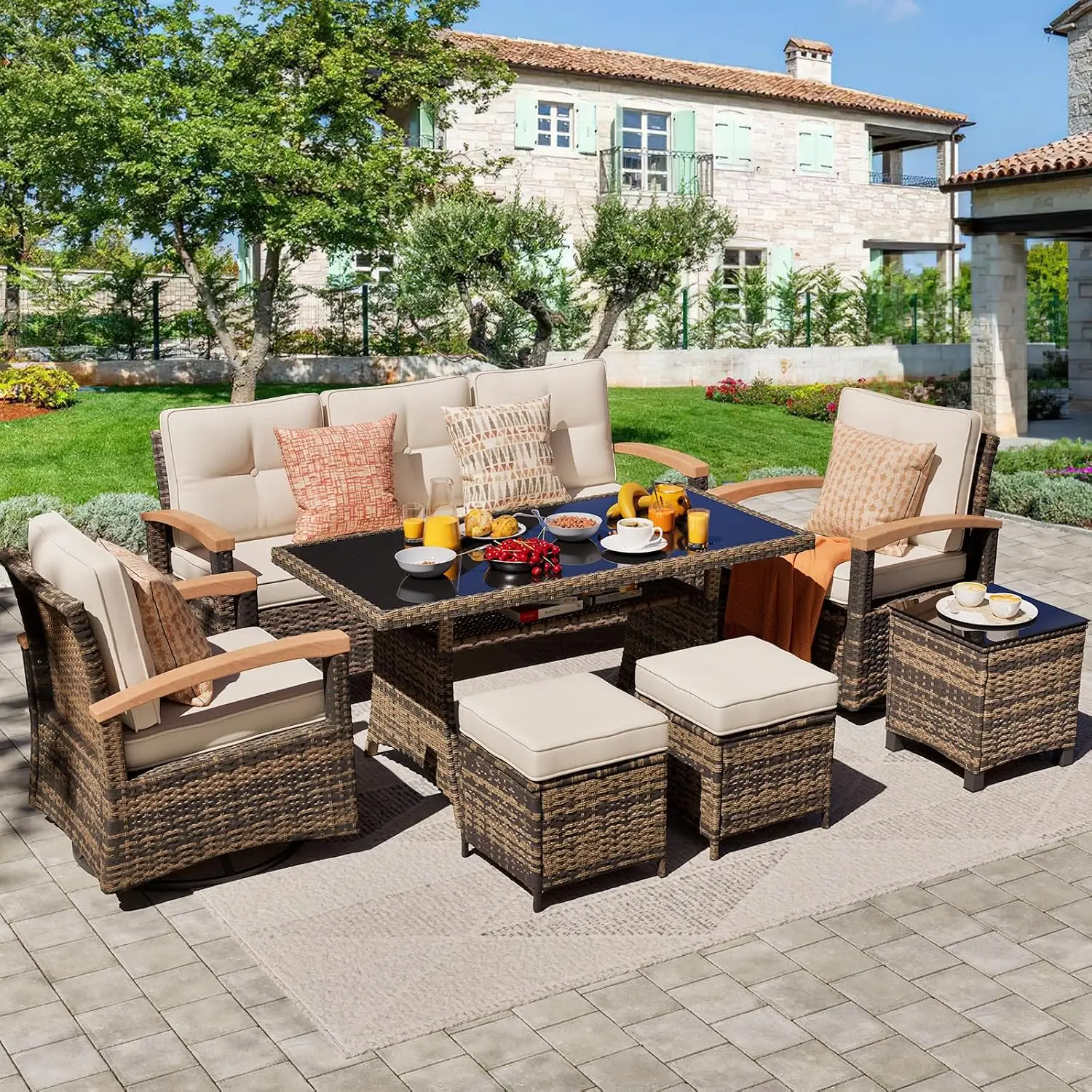 PE Wicker Patio Set 7pc Outdoor Swivel Rocker Chairs Ottoman Sofa Table Beige, Customized