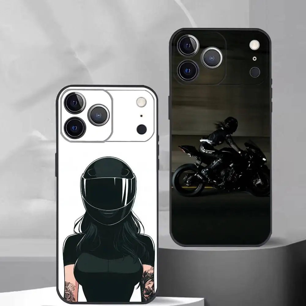 Female motorcycle R-Rider Phone Case For iPhone 17, 16,15,14,13,12,11 Plus,Pro Max, Others Soft Black Cover