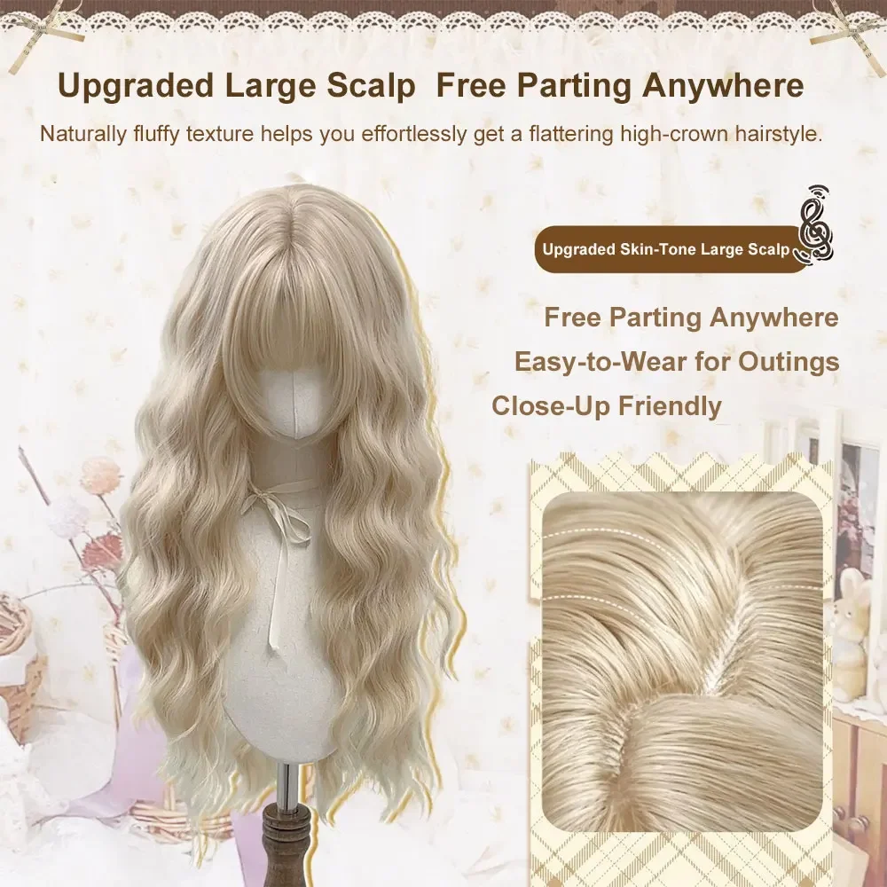 Platinum Blonde Curly Hair Synthetic Heat Resistant Lolita Wigs With Bangs Cute Cosplay Festival Party Hairpiece Halloween Wig