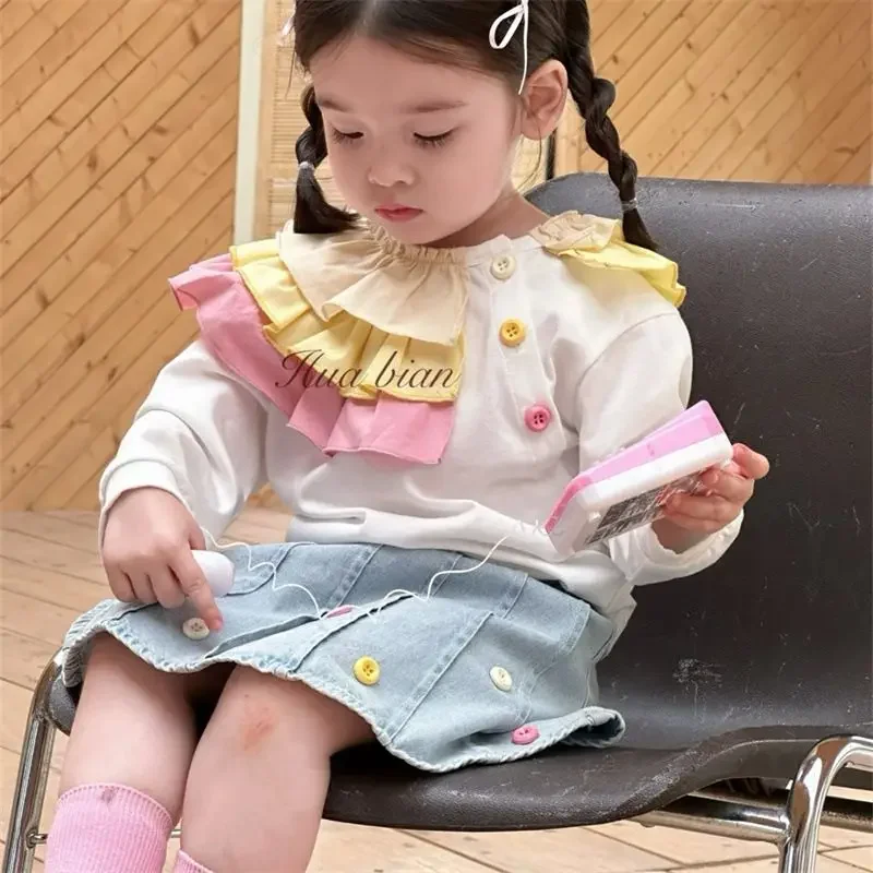 

Skirt Set 2025 Spring New Korean Fashion Cute Sweet Color Lace Collar T-shirt Denim Skirt Two Piece Set