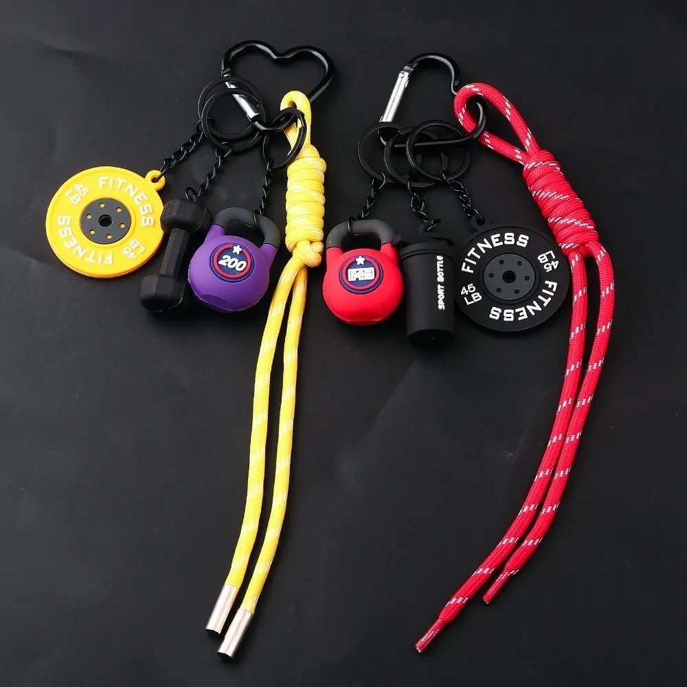 Heart Buckle Barbell Plates Key Chain Bag Charm Kettle Bells Simulation Dumbbells Keyring Cool Mini Fitness Series Pendant Gifts