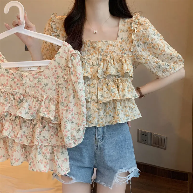 Fashion Square Collar Ruffles Blouse Folds Spliced Women\'s Clothing Sweet Broken Flowers Summer Commute Single-breasted Shirt