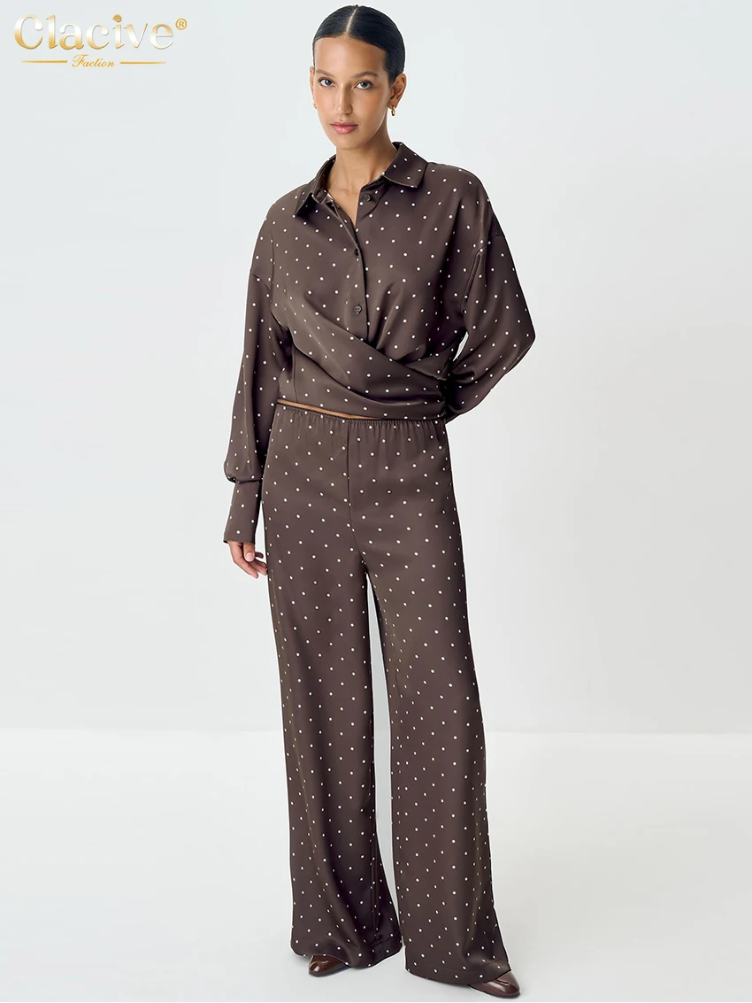 

Clacive Fashion Loose Point Print Trousers Set 2 Piece Woman Elegant Long Sleeve Shirt With High Waist Wide Pants Set Female