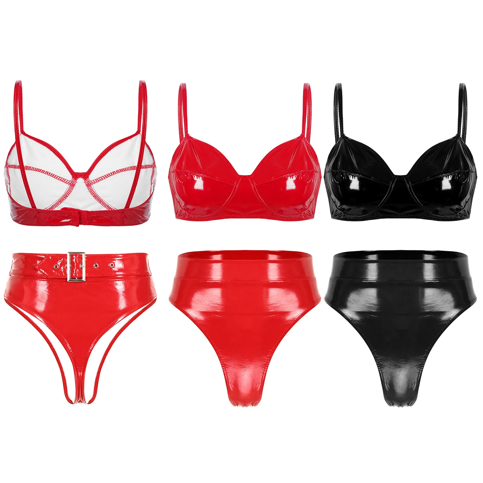 

Womens Wetlook Pole Dancing Sexy Lingerie Set Patent Leather Bra Top with High Waist Briefs for Raves Club Nightclub Dancewear