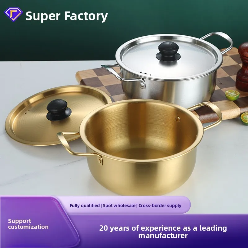 Korean Ramen Pot with Lid Gold Plated Double Ear Stainless Steel Soup Pot Instant Noodle Hot Pot Kitchen Camping Cookware