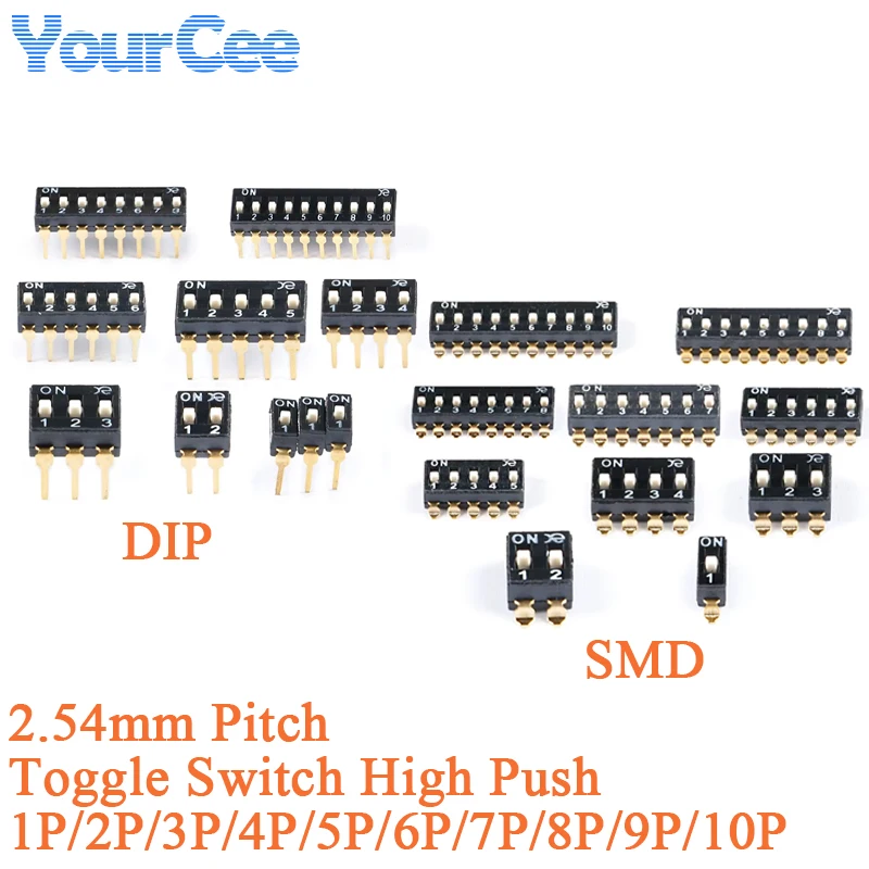 2Pcs 2.54mm Pitch SMD DIP Toggle Code Switch 10/9/8/7/6/5/4/3/2/1 Position Bit High Push Dip Switches Direct Insert DSIC10LHGET