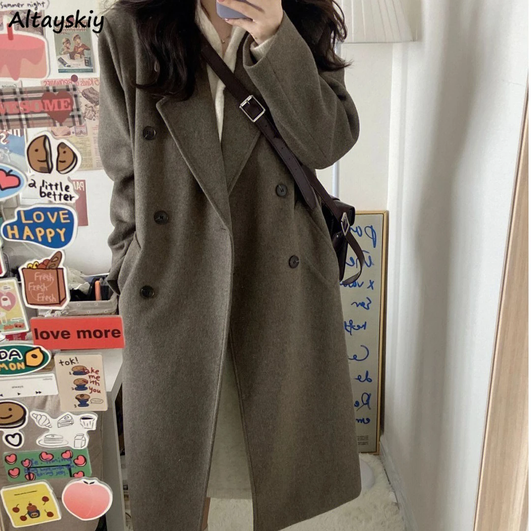 

Wool Blends Women Thick Keep Warm Autumn Winter Coats New Korean Style Temper Double Breasted Pockets Solid Slouchy Classic Chic