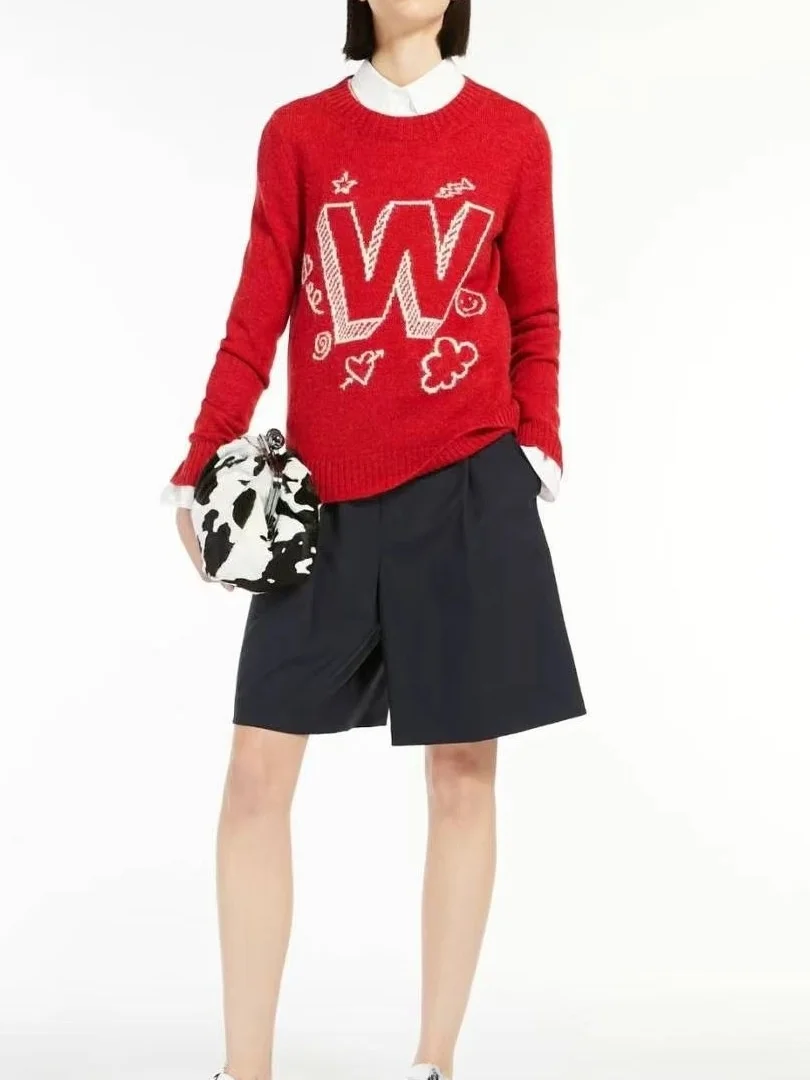 

Красный кашемировый свитер Red MAX с длинным рукавом, вышитыми буквами, круглым вырезом, весенний, новый стиль, повседневный крой, женский вязаный топ