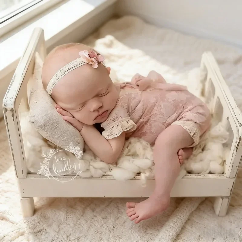 子供写真撮影用家具-ヴィンテージ風-取り外し可能な木製ミニベッド-ベビーチェア-新生児100日写真撮影用必須小道具-スタジオ