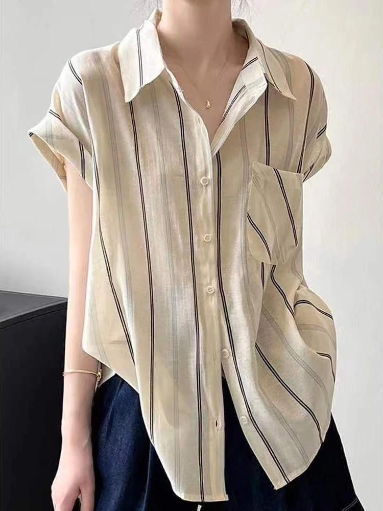 

Women's Stripe irt ort Sve Summer Thin Design oulder Casual Maturi Top Collar Button Detail Loose Fit Polyester