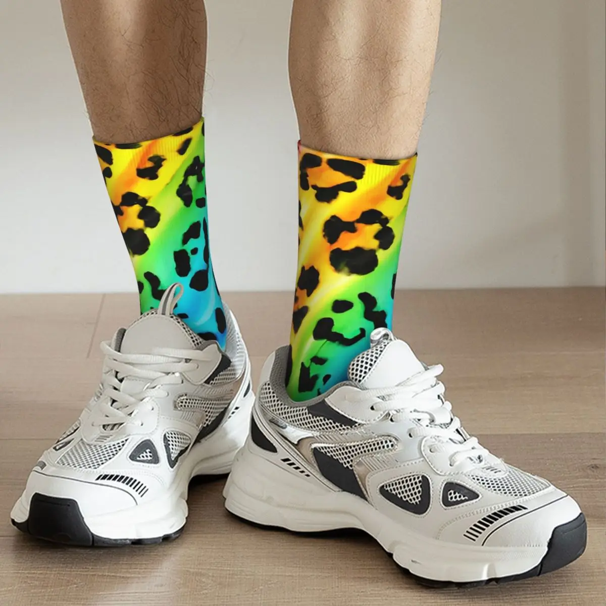 Rainbow Leopard Socks Autumn Stockings Trendy Men's Soft Breathable Socks Pattern Outdoor Sports Anti Slip Socks