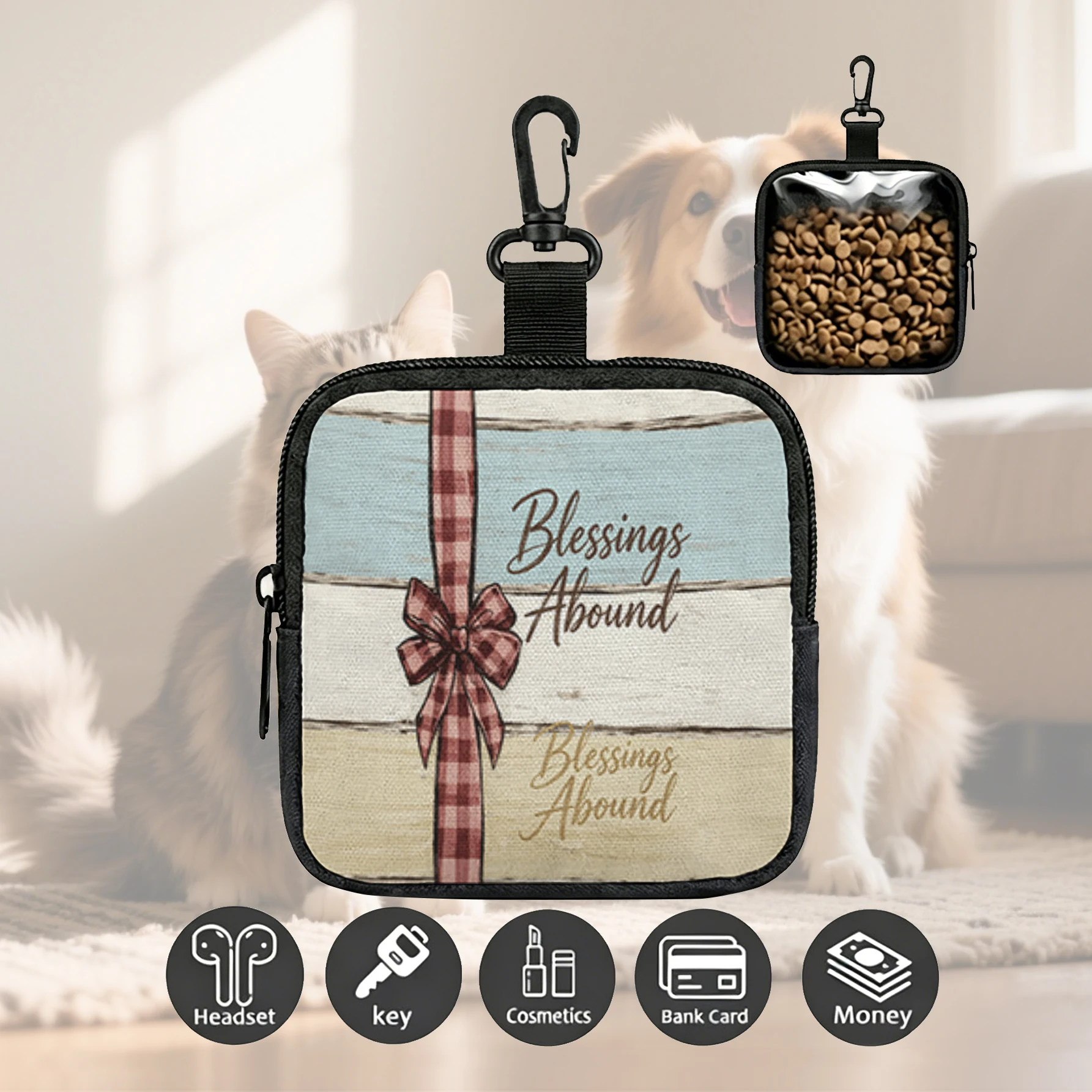 Blessings Abound Plaid Bow Print Pet Treat Bag Mini Zipper Pouch With Carabiner, Portable Dog Snack Storage Pouch