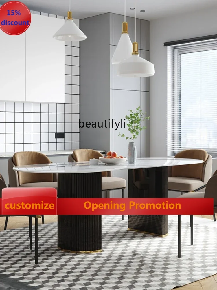 

B7304 ss Bright Dining Table Small Apartment Modern Rectangular High-End Bright Stone Plate Dining Table Dining Tables and Chair