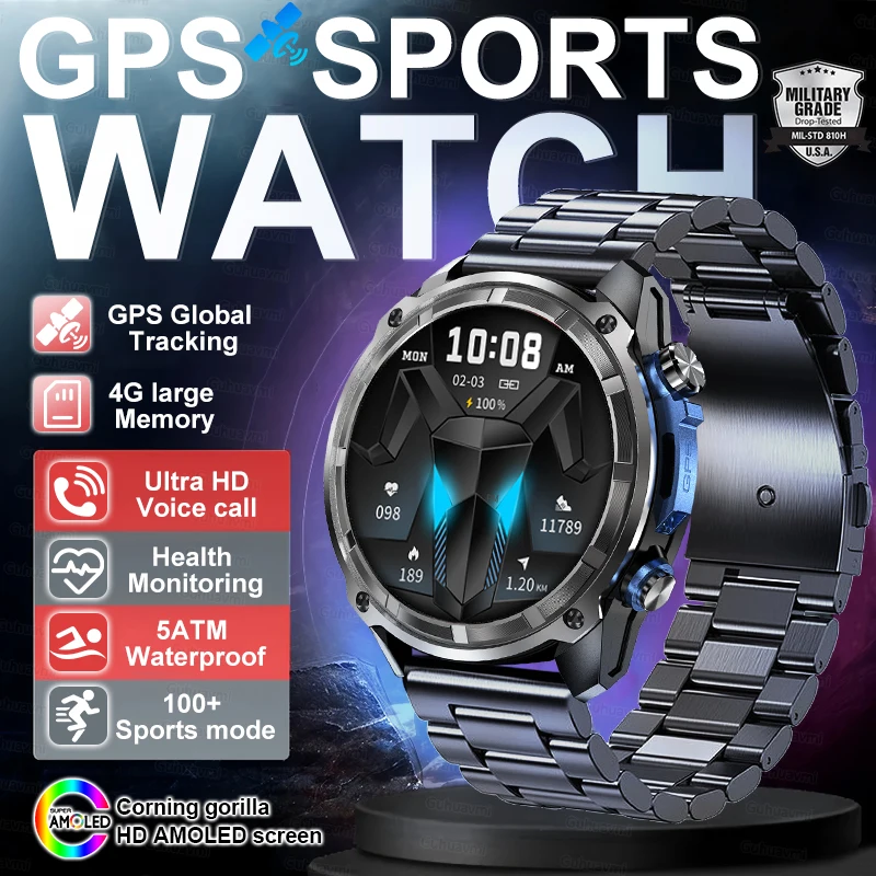 

4GB Local storage Smartwatch Men GPS Positioning 860mAh explosion-proof glass 5ATM Waterproof Watch BT Call 100+Sport mode Clock