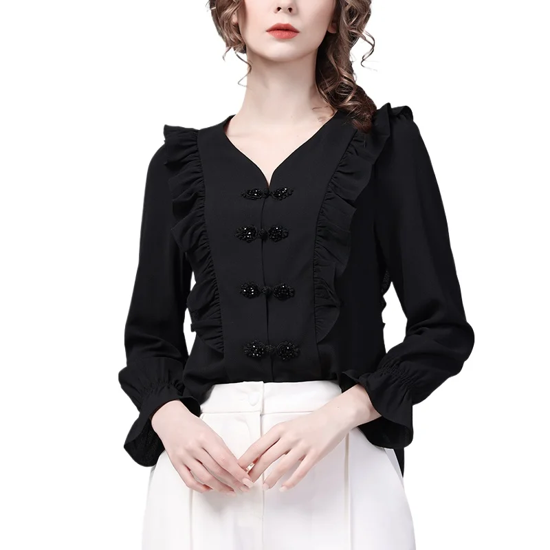 Fashion Womens Long Sleeve V-Neck Black Ruffles Blouse Loose Plus Size Spring Summer Tops Elegant Vintage Office Ladies Shirts