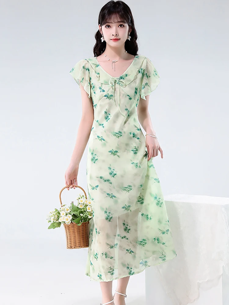 2025 Verde floreale in chiffon con fiocco colletto arricciato abito longuette estate Boho elegante abito intero donna coreano aderente abiti da festa