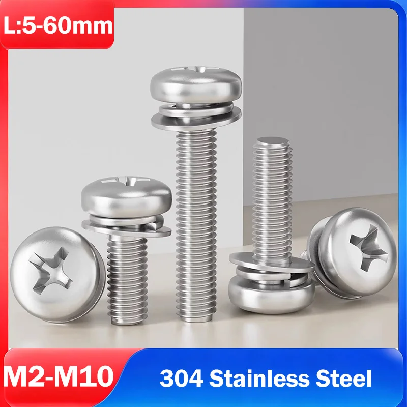 M2 M2.5 M3 M4 M5 M6M8M10 304 Stainless Steel Round Head Phillips Pan Head Screws with Flat Washers Spring Washers Assembly Bolts