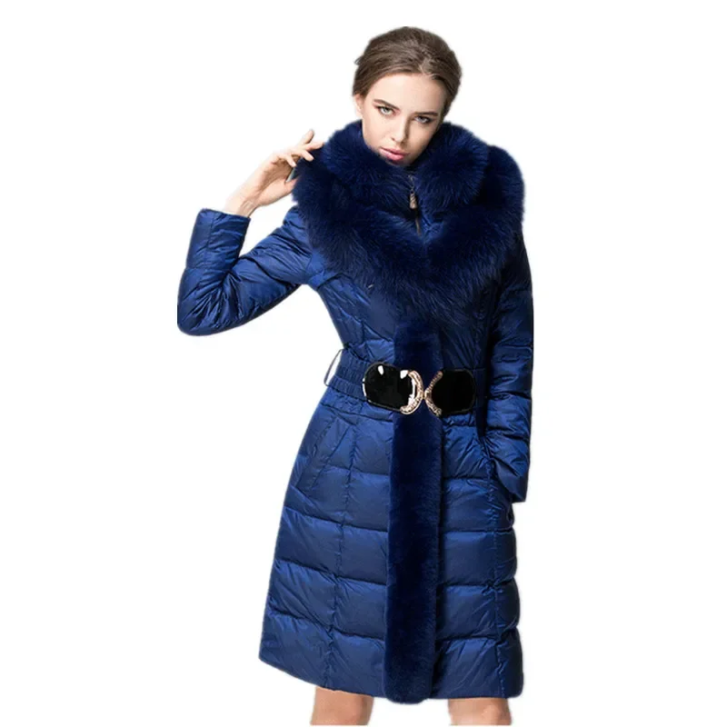 AYUNSUE Fashion Winter Down Jacket Women Fox Fur Collar Slim Warm Down Coat Female Long Parka Ladies Elegant Outwear Hooded 754