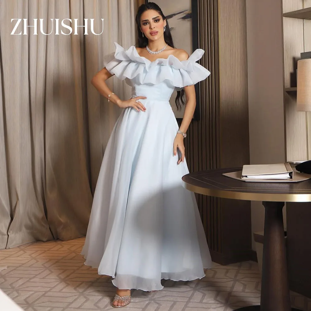 

ZHUISHU Boat Neck Ruffled Long Prom Dresses A Line Saudi Evening Gown Customized Light Blue Silk Organza Party Dresses for Women