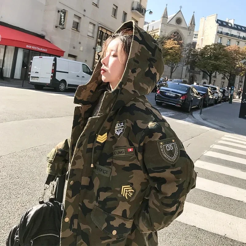 Camouflage Cotton Hooded Jacket for Women Loose Padded Coats Medium Length Cargo Tooling Parkas College Y2K Military Outwear