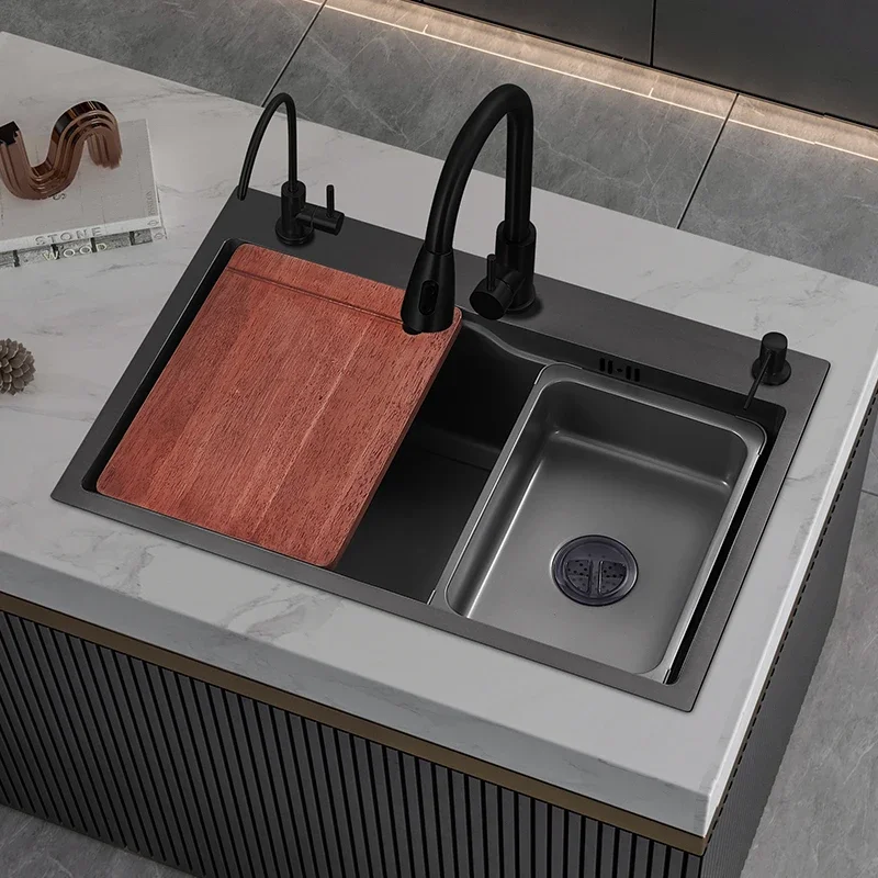 

Kitchen 304 stainless steel sink, large single slot, nano black, household use, thickened vegetable wash basin, sink for washing