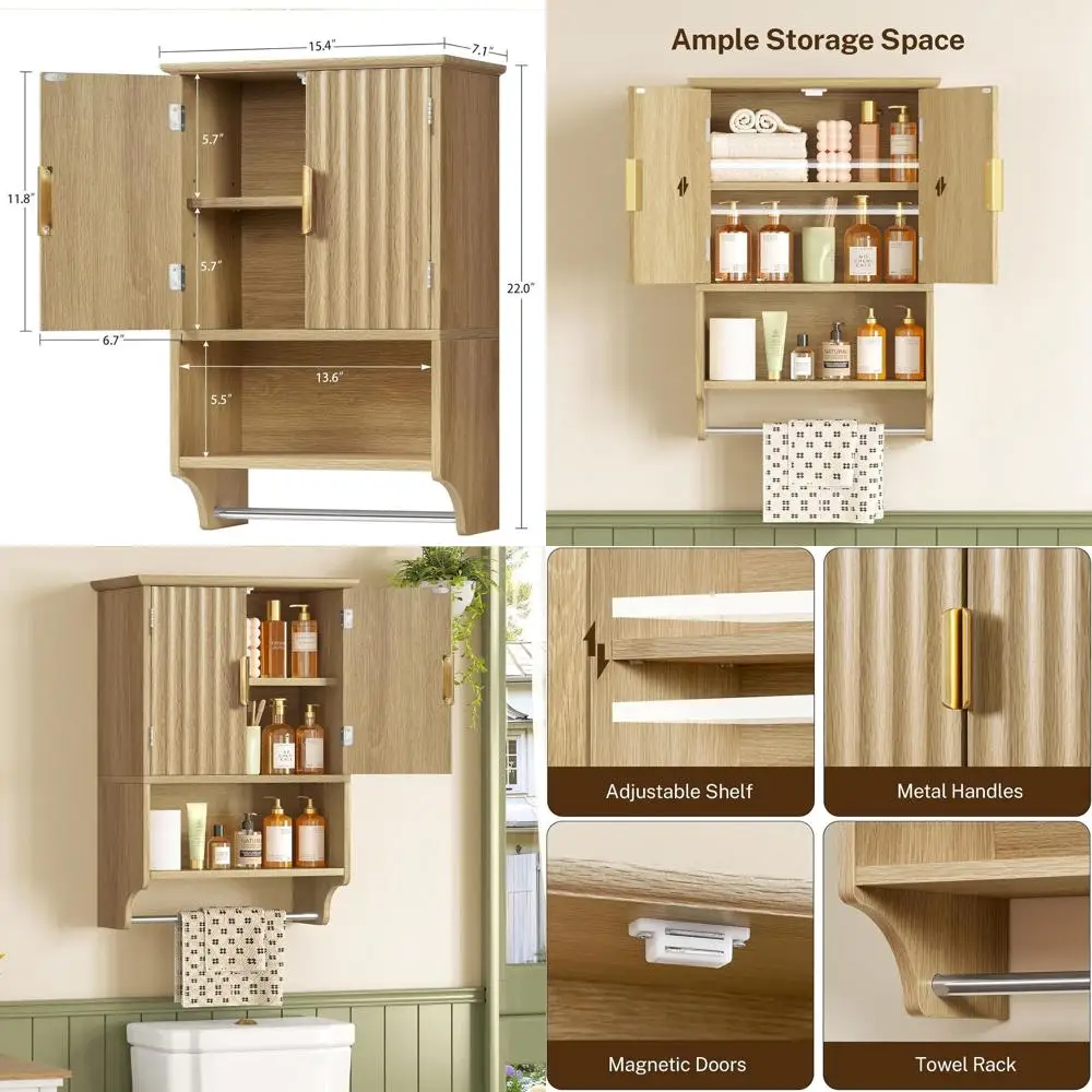 

Настенный шкаф над унитазом с регулируемыми полками и вешалкой для полотенец, органайзер для хранения из натурального дерева для ванной комнаты и гостиной