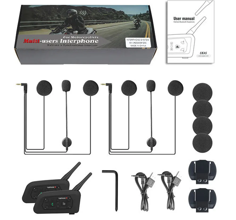 V6 Headset interkom Bluetooth sepeda motor, Headphone Speaker 1200M untuk 6 pengendara IP65 MP3 GPS helm seluruh wajah/setengah wajah