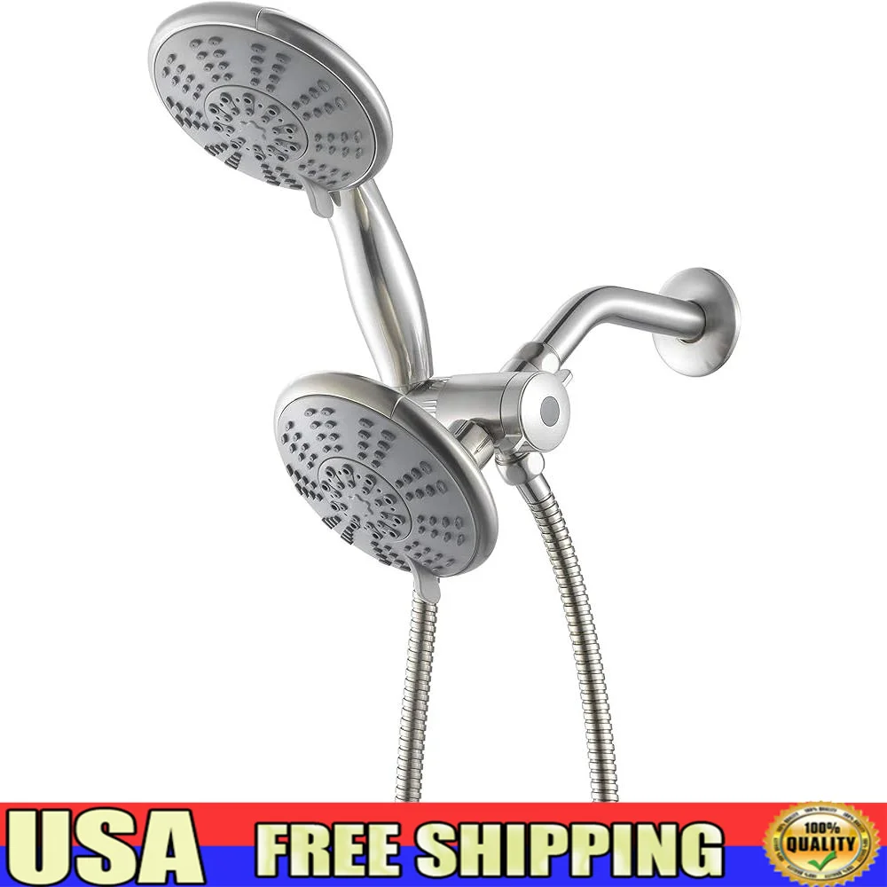 5 Inch Anti Clog Dual Shower Head High Pressure Handheld Spray 5 Settings Flexible Stainless Steel Hose Easy Install