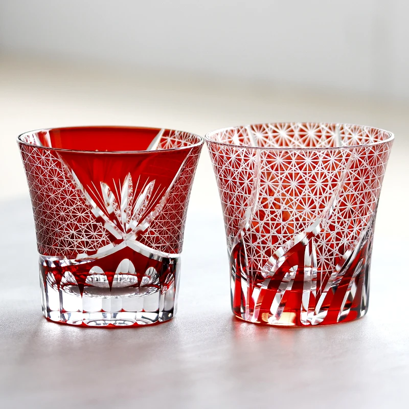 220ml 7.5 oz Old Fashioned Ruby Red Colored Crystal Glass Whiskey Brandy Tumbler With Chrysanthemum Mesh And Sea Wave
