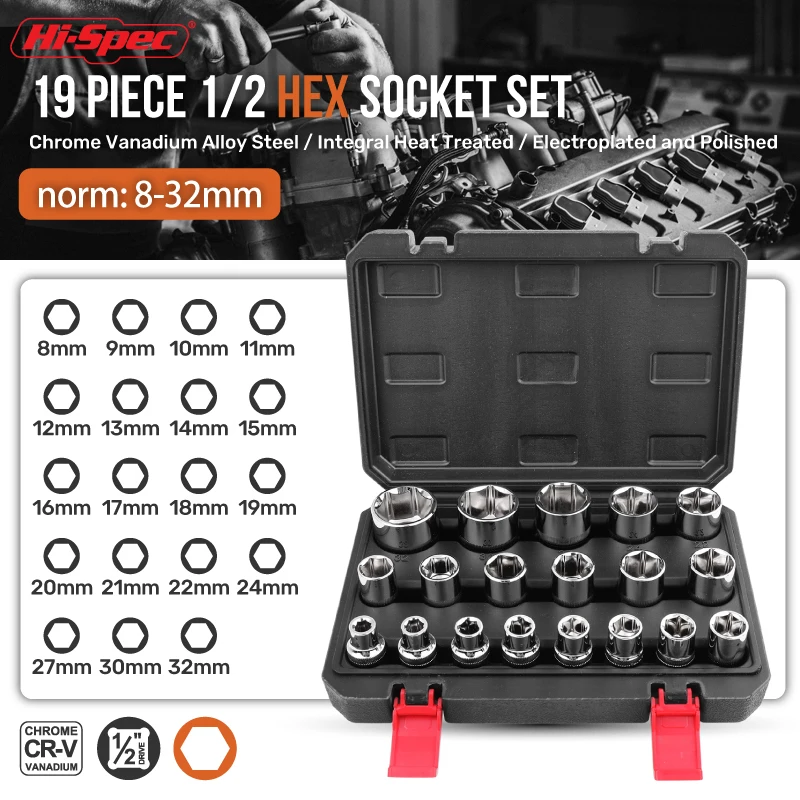 

Hi-Spec 19pcs 8-32mm 1/2" Hex Socket Wrench Set Socket IntegralHeat Treated Torx Hex Socket Repair Tool High Hardness Material