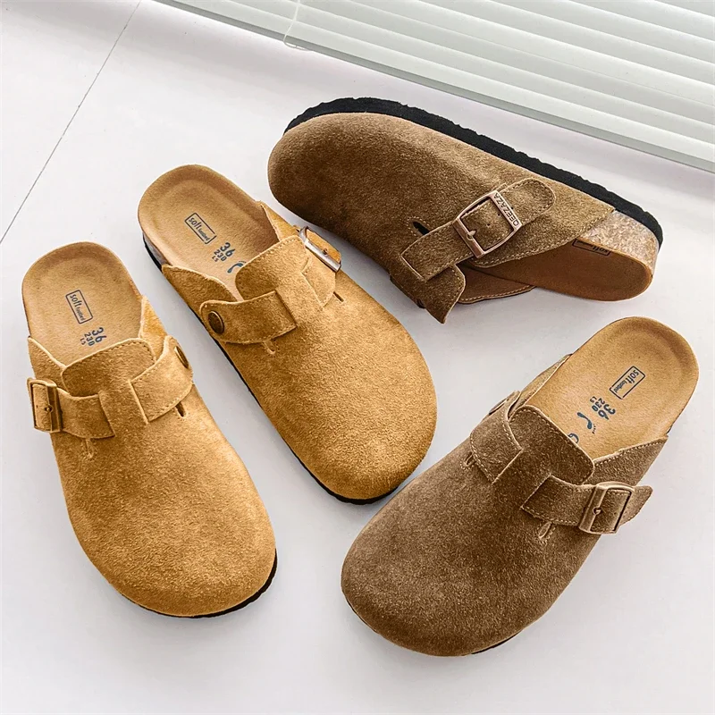 New Cow Suede Leather Cork Mules Slippers for Women Men Close Toe Slides Home Shoes Clogs Vintage Muller Slippers Fashion Casual