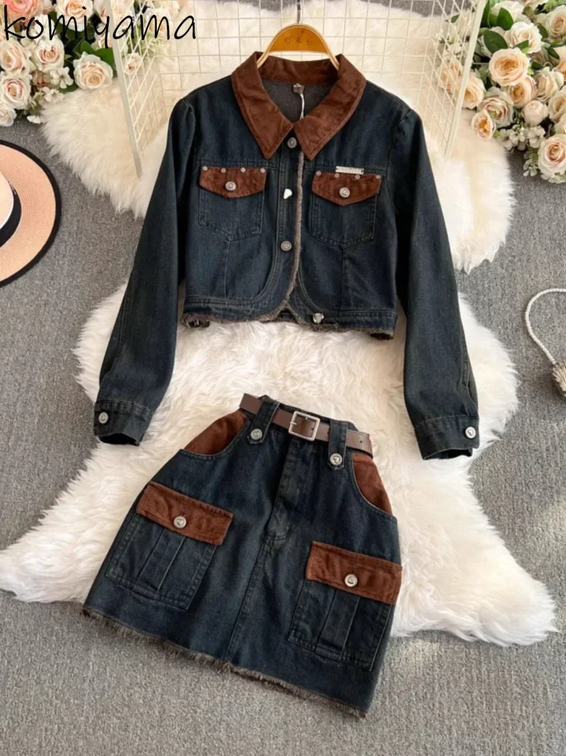 Contrast Denim 2 Piece Sets Women Laple Neck  Long Sleeve Jackets + High Waist Pockets Skirts 2024 Autumn New Suit with Belt