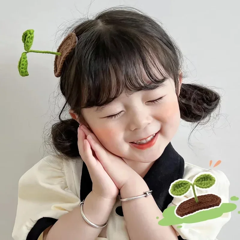 Korean Wool Green Bean Sprout Hair Clips Funny Hair Clips Children Kawaii Pins Handmade Knitting Girls Hair Decorations